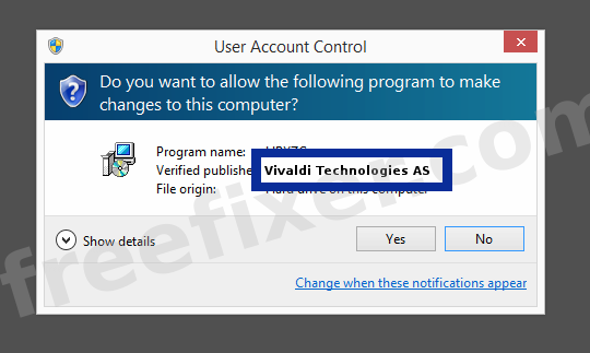 Screenshot where Vivaldi Technologies AS appears as the verified publisher in the UAC dialog